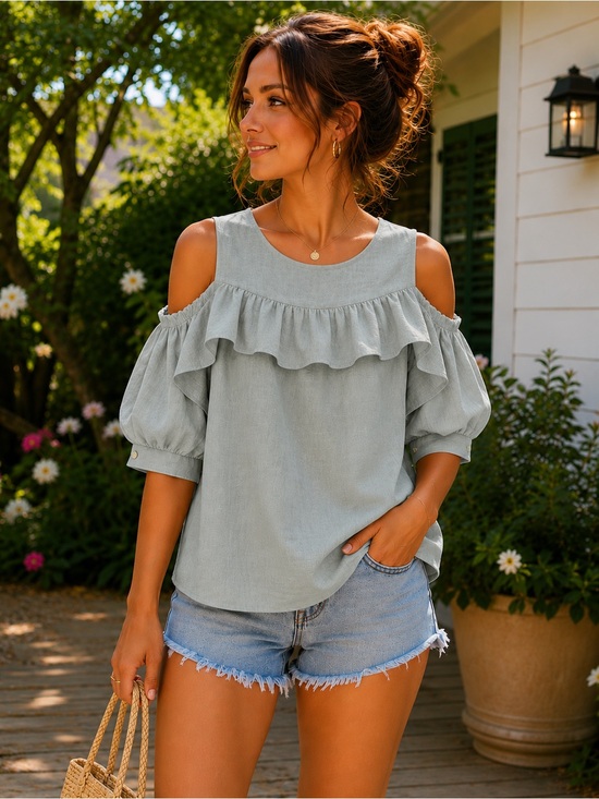 Tulip B Tops - NWT Tulip B Women's Cold-Shoulder Ruffle Blouse in Smokey Blue Denim